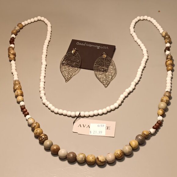 Ava Renee Jewelry - Ava Renee natural tones stone beads necklace & filigree leaf earrings - NWT -